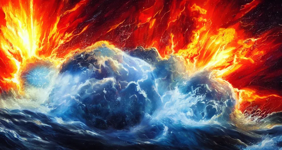 Image similar to award winning realistic painting, beautiful lighting, planet of water crashing into a planet of fire, bright explosion