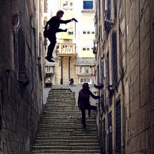 Image similar to Michael mcintyre & a blonde woman climbing steps in Porto, greg rutkowski