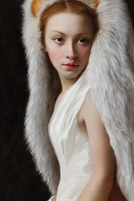 Prompt: hyperrealism extreme close-up portrait of beautiful young female In the lion's cloak, pale skin, wearing white silk, in style of classicism