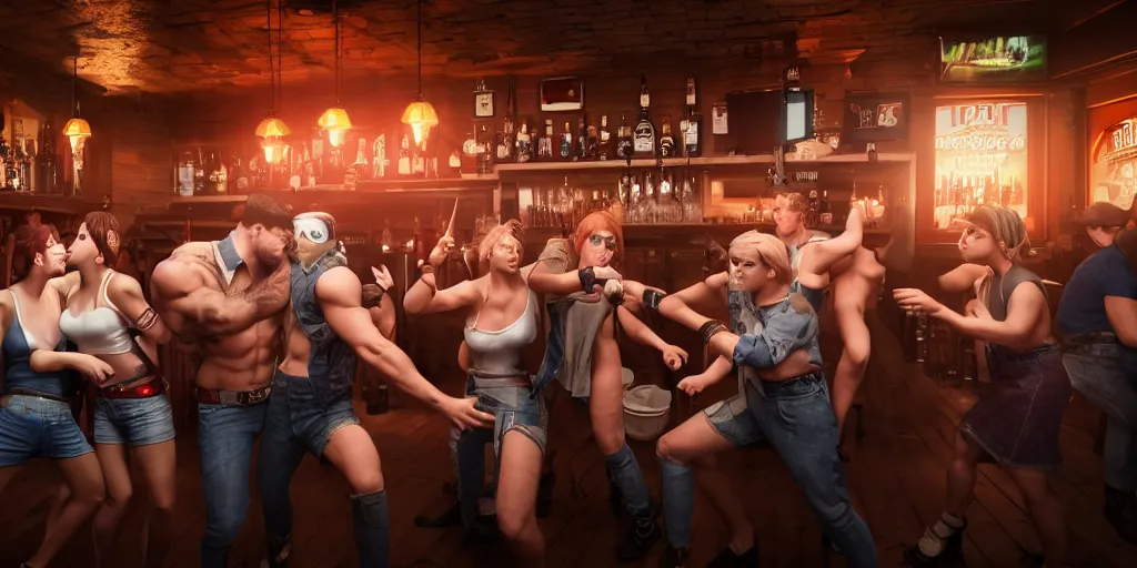 Image similar to a photo of a bar fight inside a pub between cosplayers, Leica, symmetrical faces, muscles, detailed faces, accurate faces, 4k, 3D render, hyperrealism, editorial, photorealistic, crisp details, sharp focus, wide angle lens, octane render, cinematic lighting