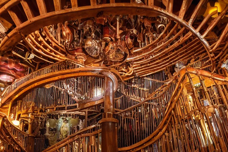 Image similar to the interior of the organ room at house on the rock in wisconsin is full of curved elevated walkways, interwoven catwalks, spiral ramps, and twisted staircases that are surrounded by cluttered arrangements of parts of pipe organs, clock gears, and engine components.