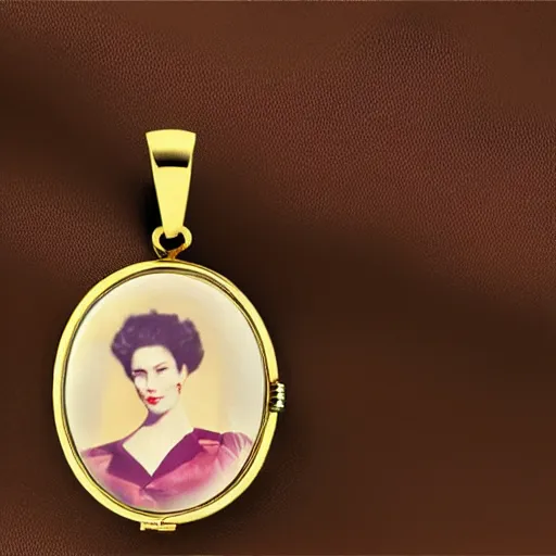 Image similar to open golden locket pendant with a retro photo of an elegant and aesthetic woman portrait, hanging from a closed hand.