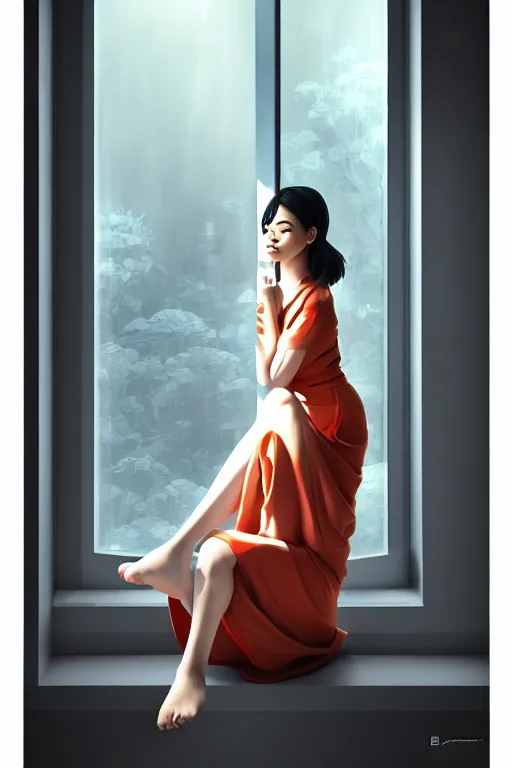 Image similar to joana sitting lookin at window composition : dynamic lighting, digital painting, center of interest, intricate, proportion, highly quality, balance, unity, extremely highly detailed. by bambang nurdianshyah ( details and background ) garis edelweiss ( lighting ) roby dwi antono ( character ) kira ayn varszegi ( dress )