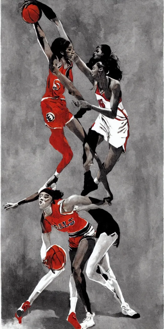 Image similar to candace parker playing basketball in a chicago bulls jersey, art by frank frazetta,