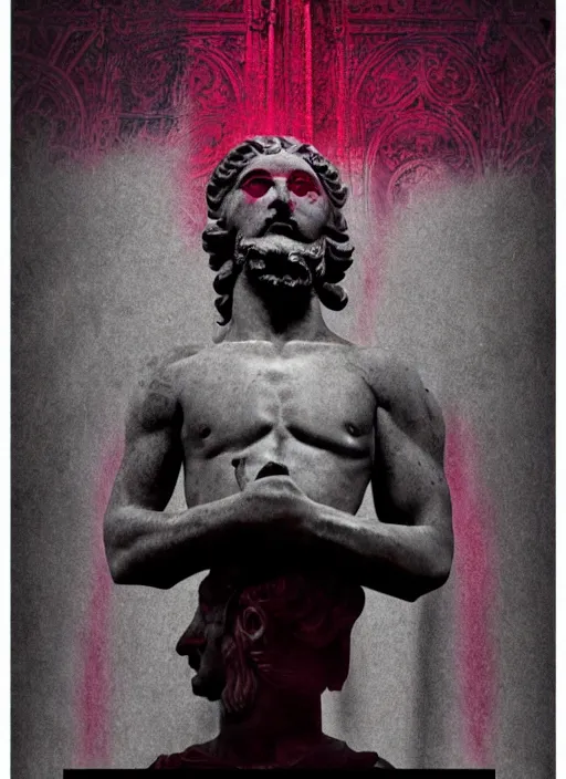 Image similar to dark design poster showing a statue of marcus aurelius, black background with very subtle red and purple design elements, powerful, nekro, vito acconci, thin straight lines, dark, glitch art, neo vaporwave, gritty, layout frame, square, trending on artstation