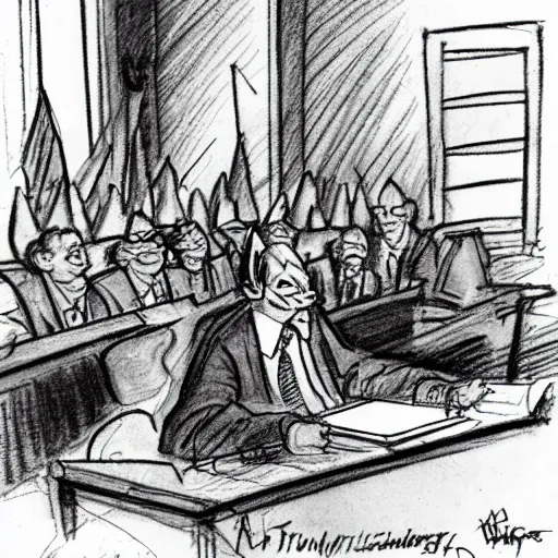 Image similar to a vivid courtroom sketch of a goblin testifying on trial,