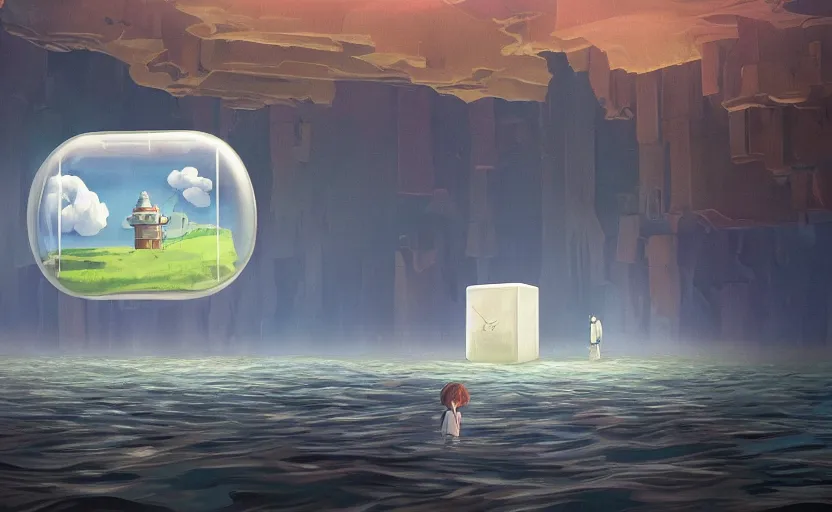 Image similar to hyperrealist painting of a cube inside a giant transparent bubble from howl's moving castle ( 2 0 0 4 ) in a flooded monument valley stonehenge jungle. 1 9 7 0 s science fiction, moody, misty, depth perception, 4 k, artstation, in the style of studio ghibli