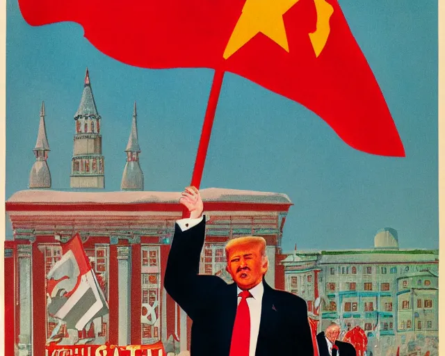 Image similar to Donald Trump waving the soviet flag on a communist propaganda poster, highly detailed soviet art