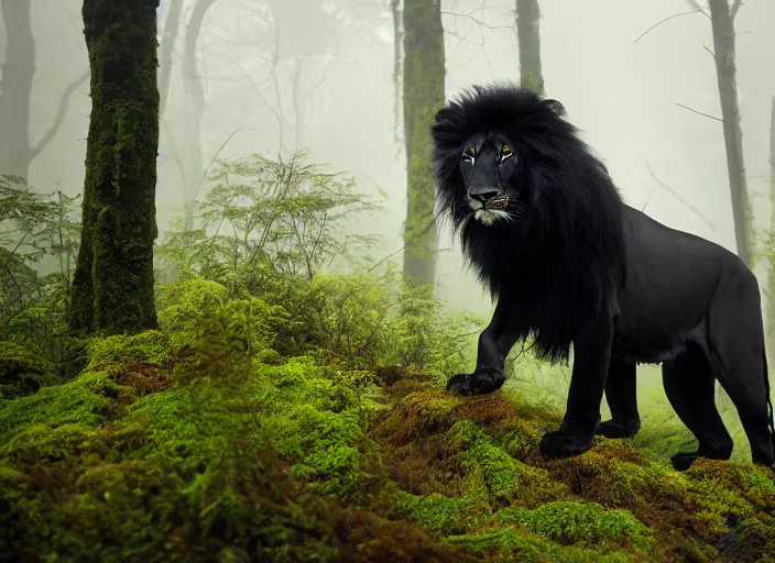 Image similar to professional wildlife photograph of a black lion standing in a foggy misty black dark jungle at night, surrounded by dense dark trees at night, moss, ferns, cinematic lighting, apex predator, natgeo