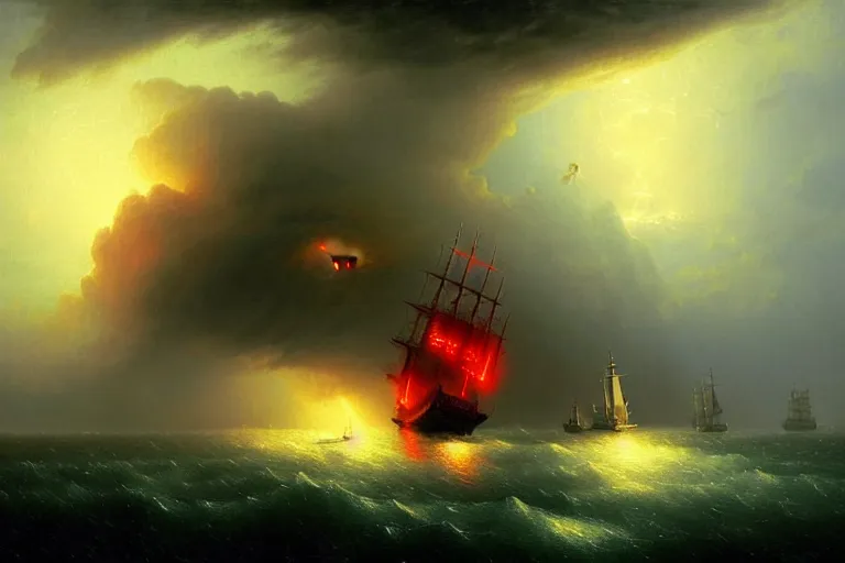 Image similar to A beautiful matte painting of huge spherical alien spaceship attacking with powerful red lasers a Sailship in ocean in thunderstorm by Greg Rutkowski and Ivan aivazovsky