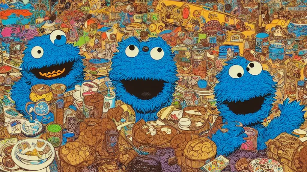 Image similar to highly detailed illustration of cookie monster in the 1 9 7 0 s, by moebius, by oliver vernon, by joseph moncada, by damon soule, by manabu ikeda, by kyle hotz, by dan mumford, by otomo, 4 k resolution