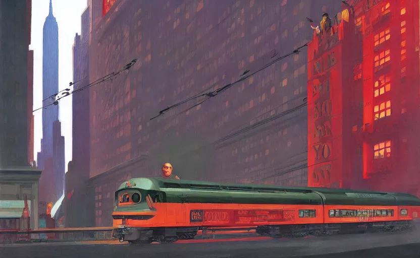 Image similar to A big train moving in the middle of new york city, very coherent, painted by Edward Hopper, Wayne Barlowe, painted by James Gilleard, airbrush, art by JamesJean