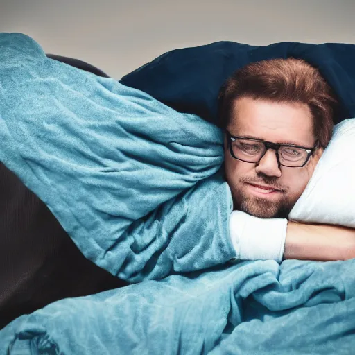 Image similar to guy under blankets listening to shitty Toto music