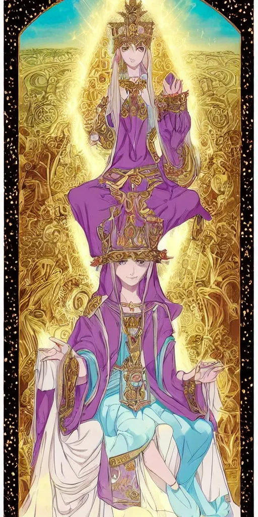 Image similar to a mystical woman priestess sitting on a throne, the divine feminine, drawn by studio UFOTABLE, pastel colors, Tarot cards. The empress tarot card, detailed, anime