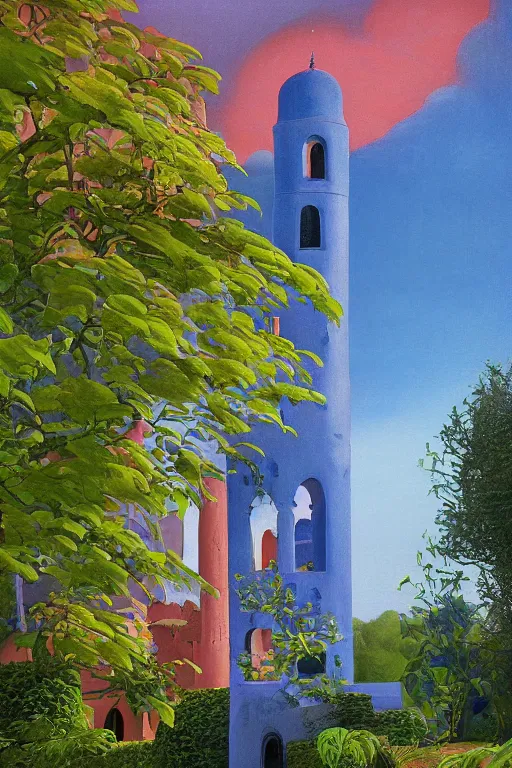 Prompt: view of the mysterious blue tower in its gardens after a storm, tall windows, beautiful moorish ornament, dramatic cinematic lighting, rich colors, by April Gornik and Nicholas Roerich and Sylvain Sarrailh and Ludwig Deutsch