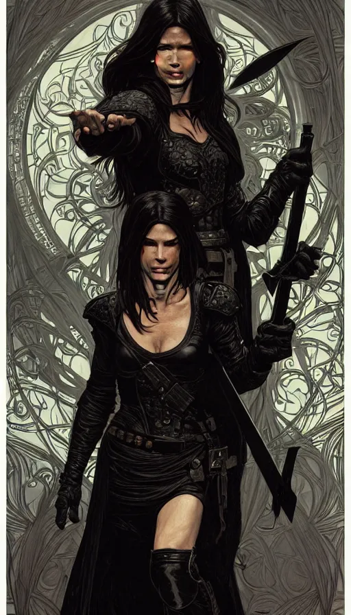 Image similar to portrait of sandra bullock as a thief wearing black leather armor and wielding a dagger in a dark alleyway, fantasy, intricate, elegant, highly detailed, digital painting, artstation, concept art, matte, sharp focus, illustration, art by travis charest and alphonse mucha