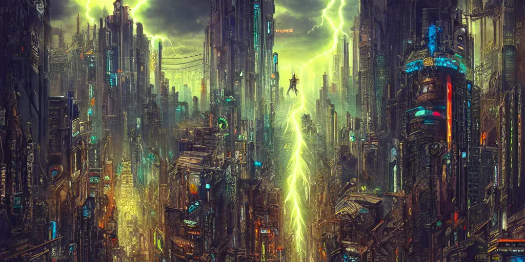Prompt: Cyberpunk City in style of Gustave Moreau. Symbolism, Detailed Art, 8K, Epic, Dynamic Lightning.