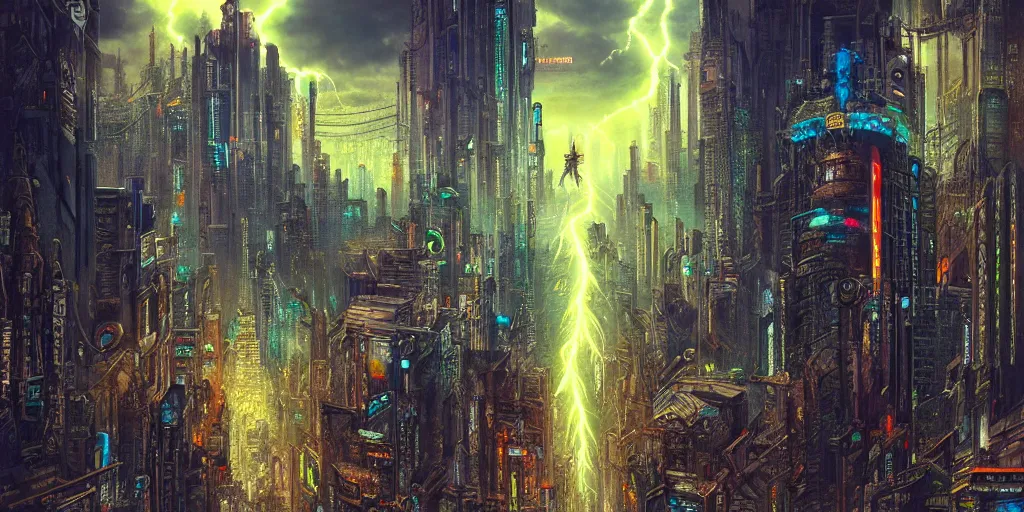 Image similar to Cyberpunk City in style of Gustave Moreau. Symbolism, Detailed Art, 8K, Epic, Dynamic Lightning.