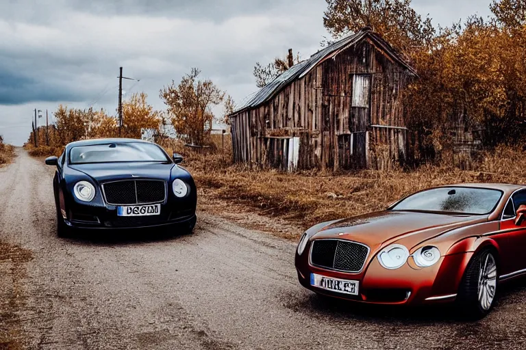 Image similar to modern rusty rusty Bentley Continental GT drives along the road of an old Russian village with houses at the edges