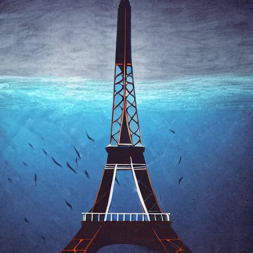 Prompt: underwater photo of the eiffel tower, dark ocean water, detailed illustration, national geographic, submarine camera imagery, james cameron