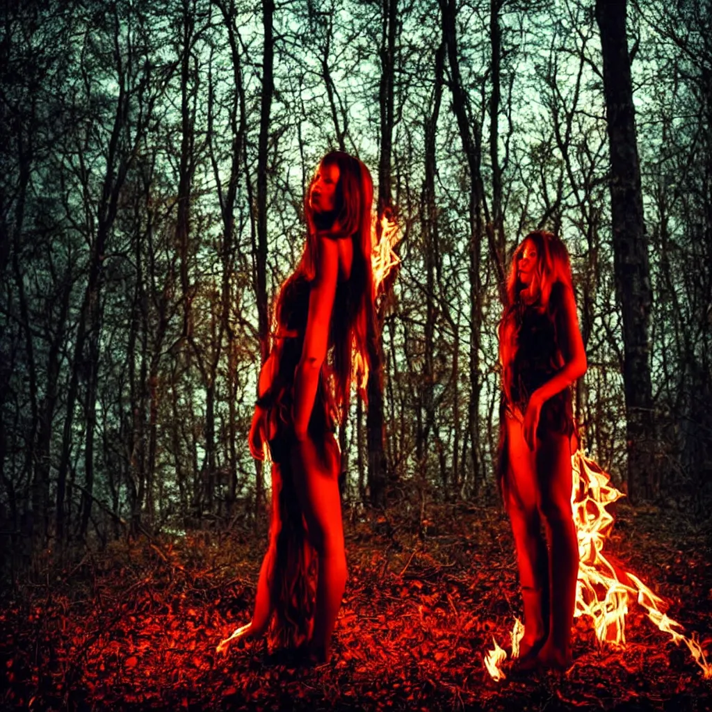 Prompt: a beautiful vampire girl is standing in the forest at night on fire