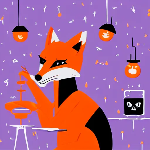 Image similar to An stern posing anthropomorphic fox wearing Halloween-themed black and orange lab coat, casting a spell in a dimly lit laboratory, digital art