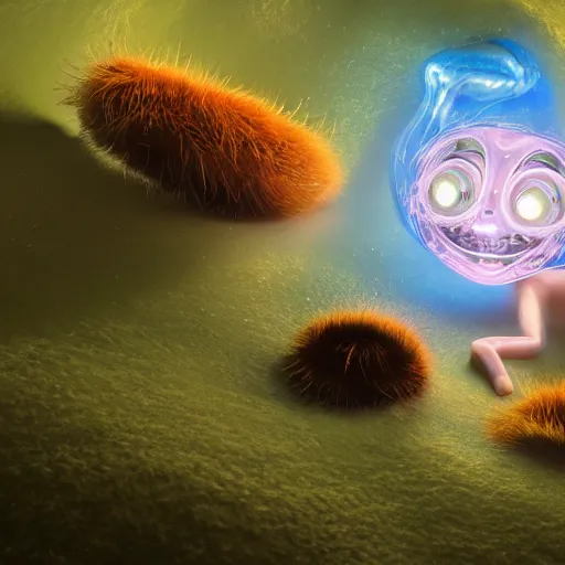 Image similar to quantum physics, expressive eyes, floating, rbc, radiolaria, protophyta, micro - organisms, center frame, symmetric, rim light, marine microbiology, bioluminescence, electric, fur, soft, concept art, intricate details, highly detailed, colorful, photorealistic, disney pixar, octane render,