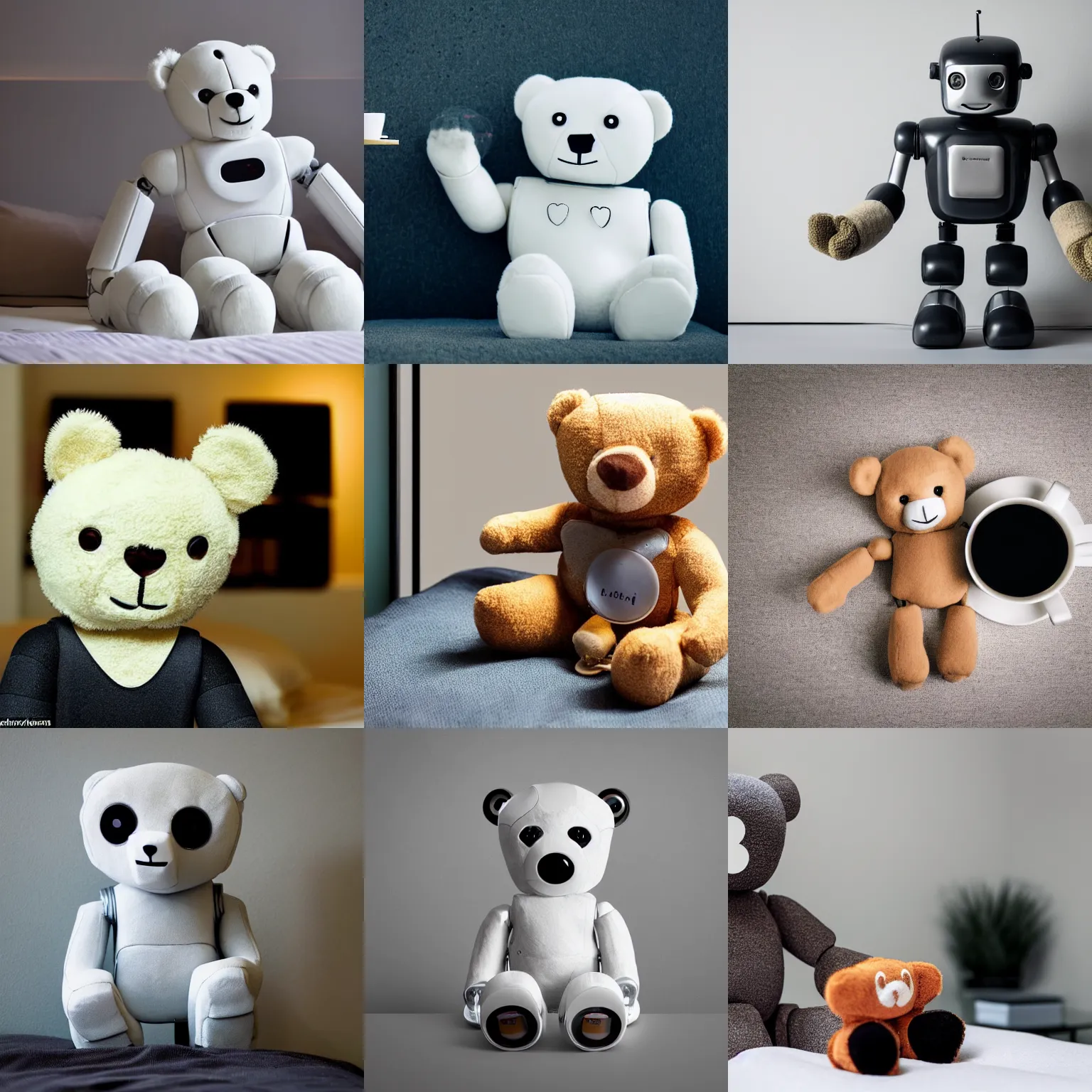 Prompt: a robot teddy bear made of rubber sitting on the bed at night drinking black coffee, looking out into space