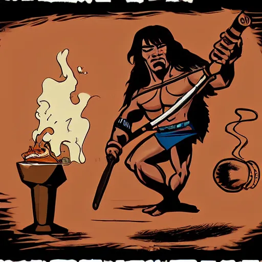 Image similar to conan the barbarian working as a barista in the style of conan the barbarian by frank frazzetta