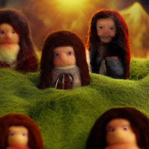 Prompt: needle felted fellowship of the ring movie poster, highly detailed, tilt shift, eerie, hyperrealism, highly textured, god rays