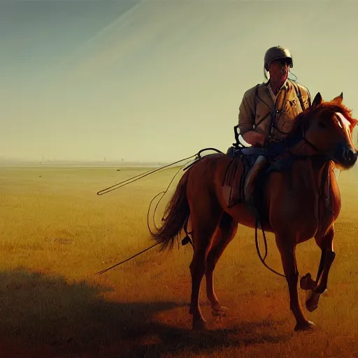 Image similar to man carries horse, hyperrealism, no blur, 4 k resolution, ultra detailed, style of ron cobb, adolf hiremy - hirschl, syd mead, ismail inceoglu, rene margitte