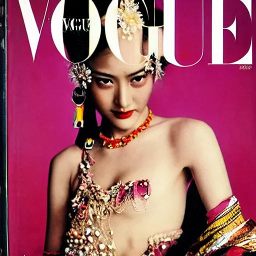 Image similar to a beautiful professional photograph by hamir sardar, herb ritts and ellen von unwerh for the cover of vogue magazine of a beautiful and unusually attractive tibetan female fashion model looking at the camera in a flirtatious way, zeiss 5 0 mm f 1. 8 lens