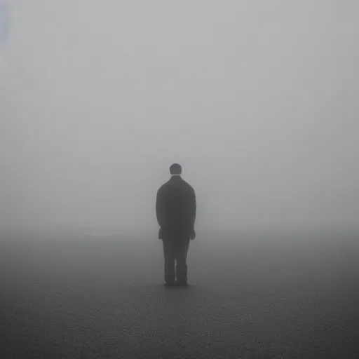 Prompt: a lonely man standing on a deserted planet, dreary, head down, smokey, mist, blur, ambient lighting, photograph, 24mm,