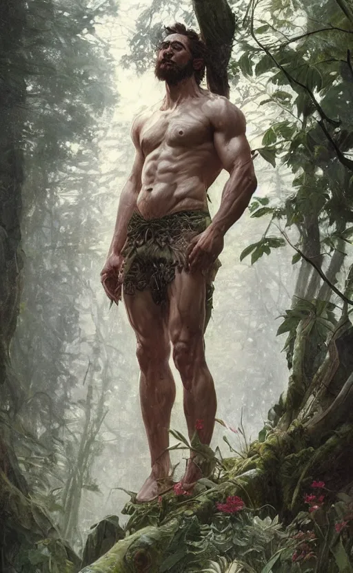 Image similar to god of the forest, 3 0 years old, rugged, handsome, male, detailed face, clean lines, atmospheric lighting, amazing, full body, thighs, flowers, muscular, intricate, highly detailed, digital painting, deviantart, concept art, sharp focus, illustration, art by greg rutkowski and alphonse mucha