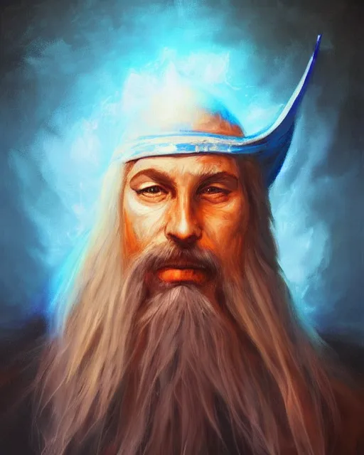 Image similar to Hyper realistic painting of a wizard in a blue robe, by Anato Finnstark, detailed, beautiful, trending on artstation