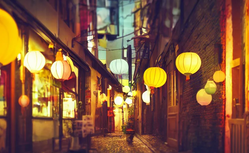 Image similar to mini cafe diorama macro photography, tilt shift, alleyway, ambient, atmospheric photograph, colorful paper lanterns, romantic