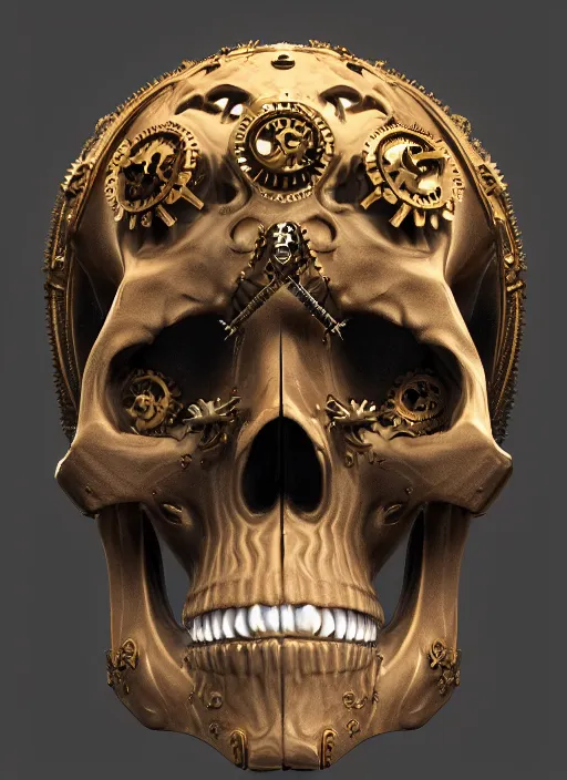 Image similar to 3d render ultra detailed of a skull, art deco, steam punk, intricate gears details, hyperrealistic, ultra detailed, elegant, octane render, blue and gold, 8k, trending on Artstation, unreal engine