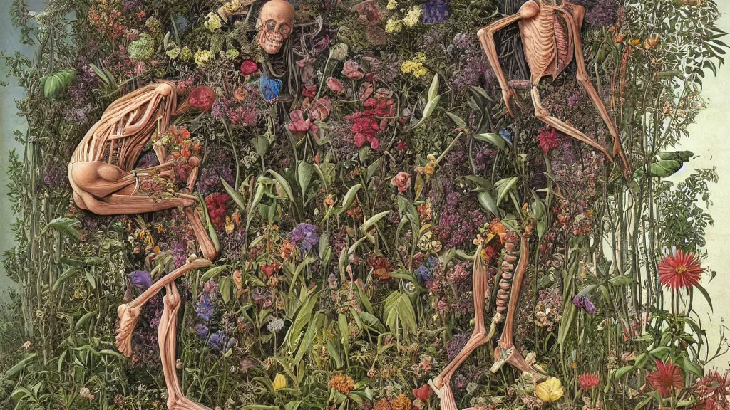 Image similar to highly detailed illustration of a single human anatomy body surrounded by all the known species of plants and flowers by juan gatti!, by moebius!, by leonardo da vinci!, by oliver vernon!