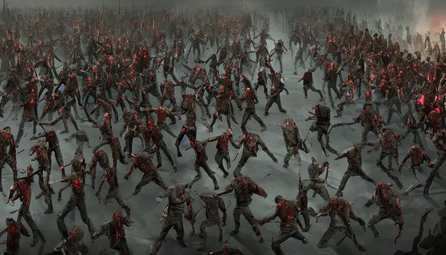 Image similar to zombie army running to english castle, wide view, hyperdetailed, artstation, cgsociety, 8 k