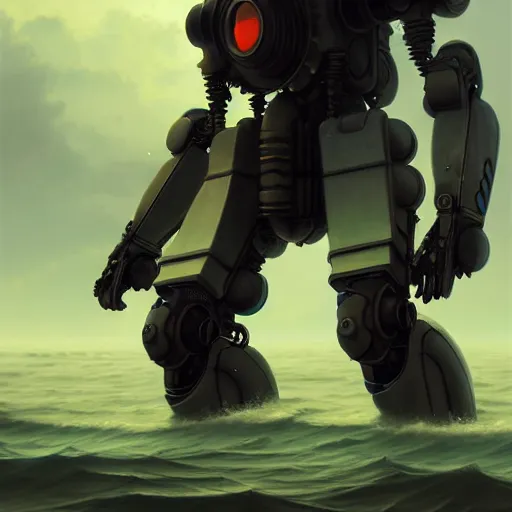 Prompt: mech suit swimming in the water, diffuse lighting, fantasy, highly detailed, photorealistic, digital painting, artstation, illustration, concept art, smooth, sharp focus, in the style of tom bagshaw