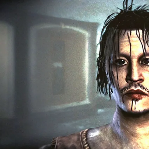 Prompt: johnny depp in silent hill, ps 1, kojima, gameplay, cutscene,