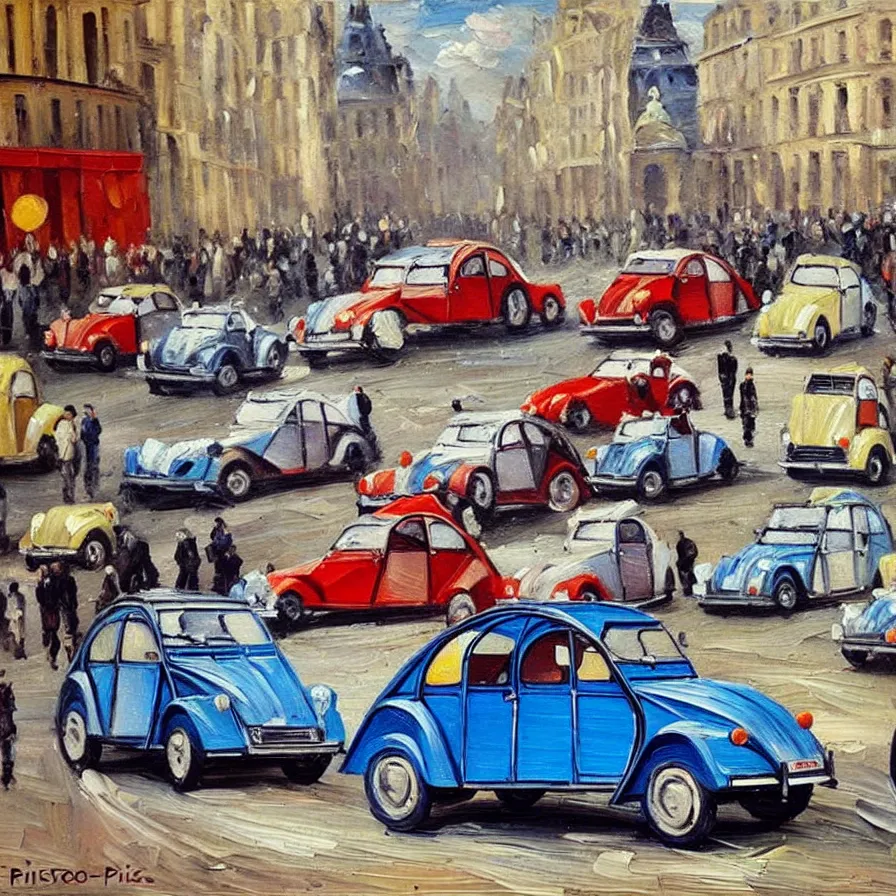 Prompt: twenty citroen 2 cv racing through paris in the 1 9 5 0 s. oil painting by pisaro