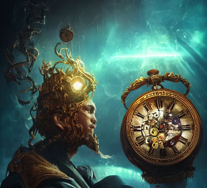 Image similar to the master of time controlling the flow of time by using his magical clock artifact, cinematic composition, epic colors, detailed, warm lighting, volumetric, beautiful, trending on artstation, art claudiu - antoniu magherusan