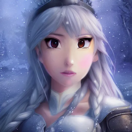 Image similar to portrait focus of knight beautiful 3D anime girl, Frozen ice armor wearing, dark forest background, snowing, bokeh, inspired by Masami Kurumada, digital painting, high contrast, unreal engine render, volumetric lighting, high détail