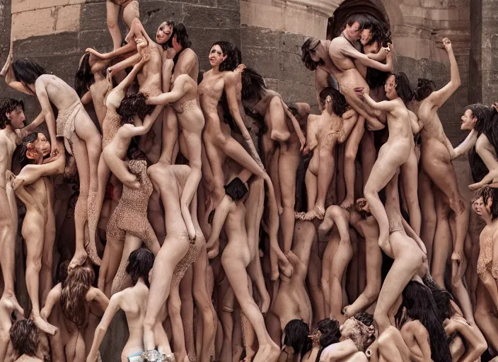 Prompt: hundreds of undressed women climbing on each other, incredible catalan human tower highly detailed, digital painting, matte, like a incredible giant sculpture at the kingdom of julius caesar, no clothes, roman historic works, hyper - detailed, world renowned artists, historic artworks society, antique renewal, intricate, sharp focus, art by michelangelo cinematic, octane render - h 1 2 8 0