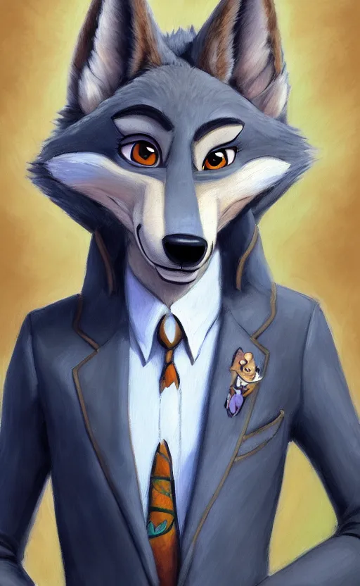 Image similar to oil painting of detailed full body of anthromorphic female wolf, in style of zootopia, zootopia, zootopia, fursona, furry, furaffinity, 4 k, deviantart, furry art, fursona art, wearing black business suit, business suit, in style of zootopia, wolf fursona, cyberpunk, female, expressive detailed feminine face,