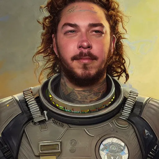 Image similar to Post Malone as a space soldier, close-up portrait art by Donato Giancola and James Gurney, digital art, trending on artstation