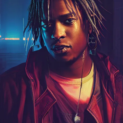 Image similar to cyberpunk, closeup portrait of a juice wrld, dramatic light, city background, sunset, dystopian setting, high contrast, sharp, neuromancer, henry dorsett case, painted by stanley lau, painted by greg rutkowski, painted by stanley artgerm, digital art, trending on artstation