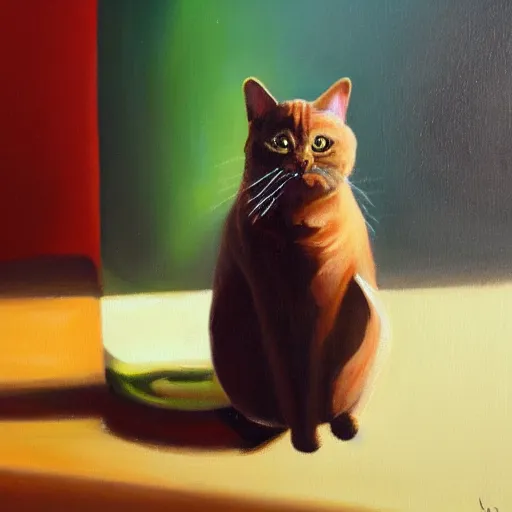 Prompt: beautiful oil painting of a cat in an empty bottle of wine, trending on artstation, 4 k, high quality, colorful