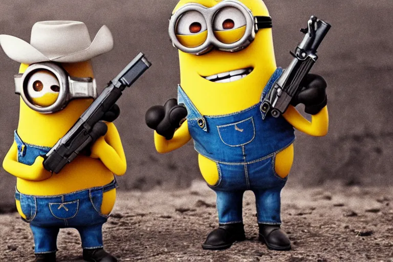 Prompt: minion cowboy holding a gun shootout, 3 5 mm scene from a western movie, 1 9 8 6, color